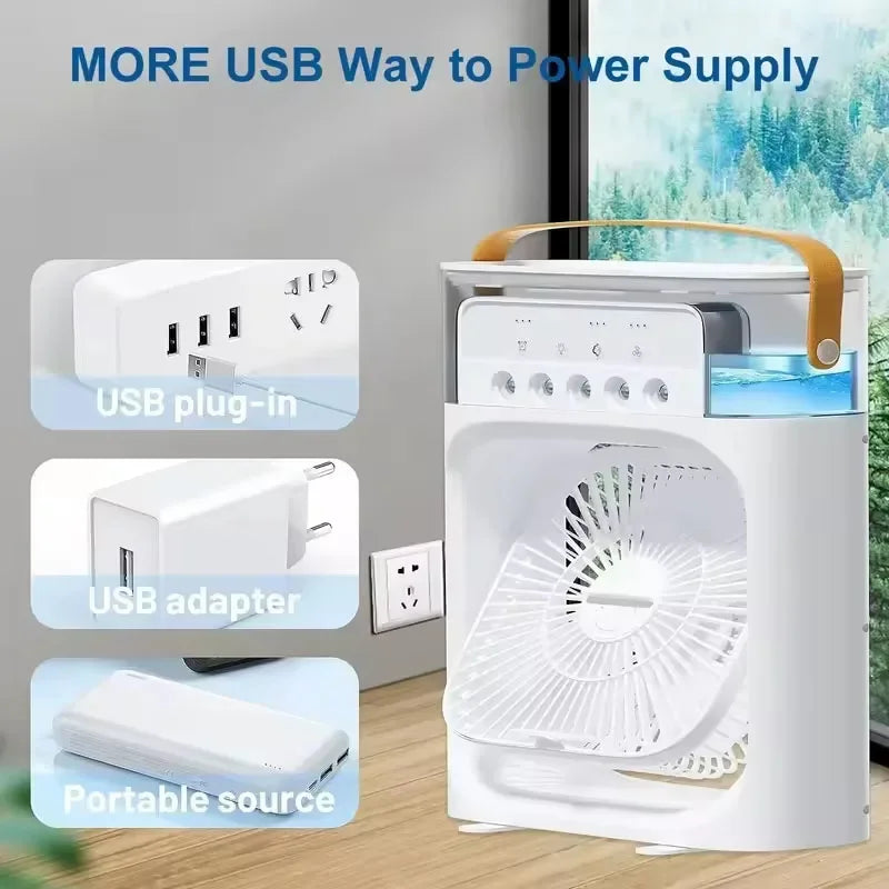Cooling fan 3-in-1 portable desktop humidifier USB mini air conditioner night light mist suitable for home and office use